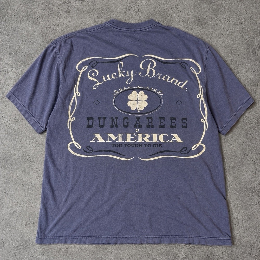 Vintage Lucky Brand Dungarees T Shirt Made USA One Size Oversized Graphic Blue